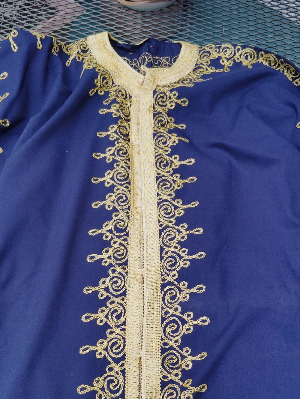 Moroccan Elegant Navy Long-Sleeve Dress with Gold Embroidery